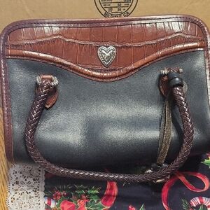Black and Brown Shoulder Bag with Braided Handles and Heart Embellishment